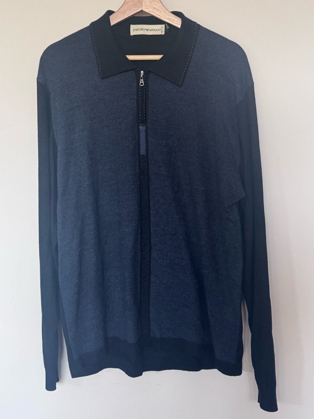 Emporio Armani Men's Black Navy Quarter Zip Wool Silk Pullover Collared Sweater